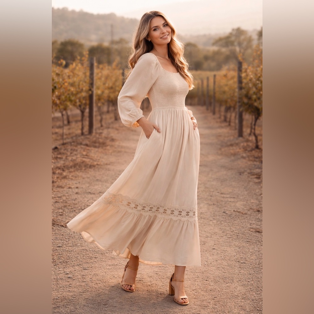 ZESICA Boho Long Sleeve Square Neck Smocked Maxi Dress ~Apricot~Size 4/6 ~ NWOT - Picture 5 of 16